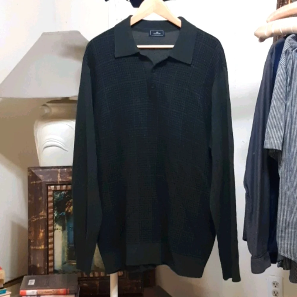 DOCKERS Mens Collared knit Sweater Sz L XL Green Black Print Long Sleeve b36